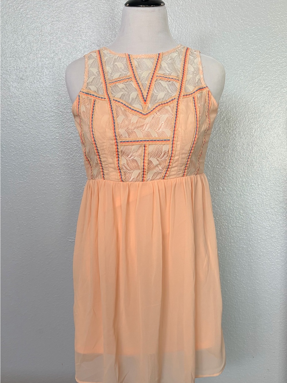 Angie Peach Lace-Trim, embroidered, mini dress